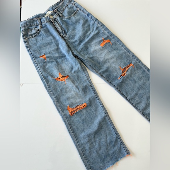 moult Denim - Amazing Moult Distressed Baggy Blue Jeans with Orange Accents